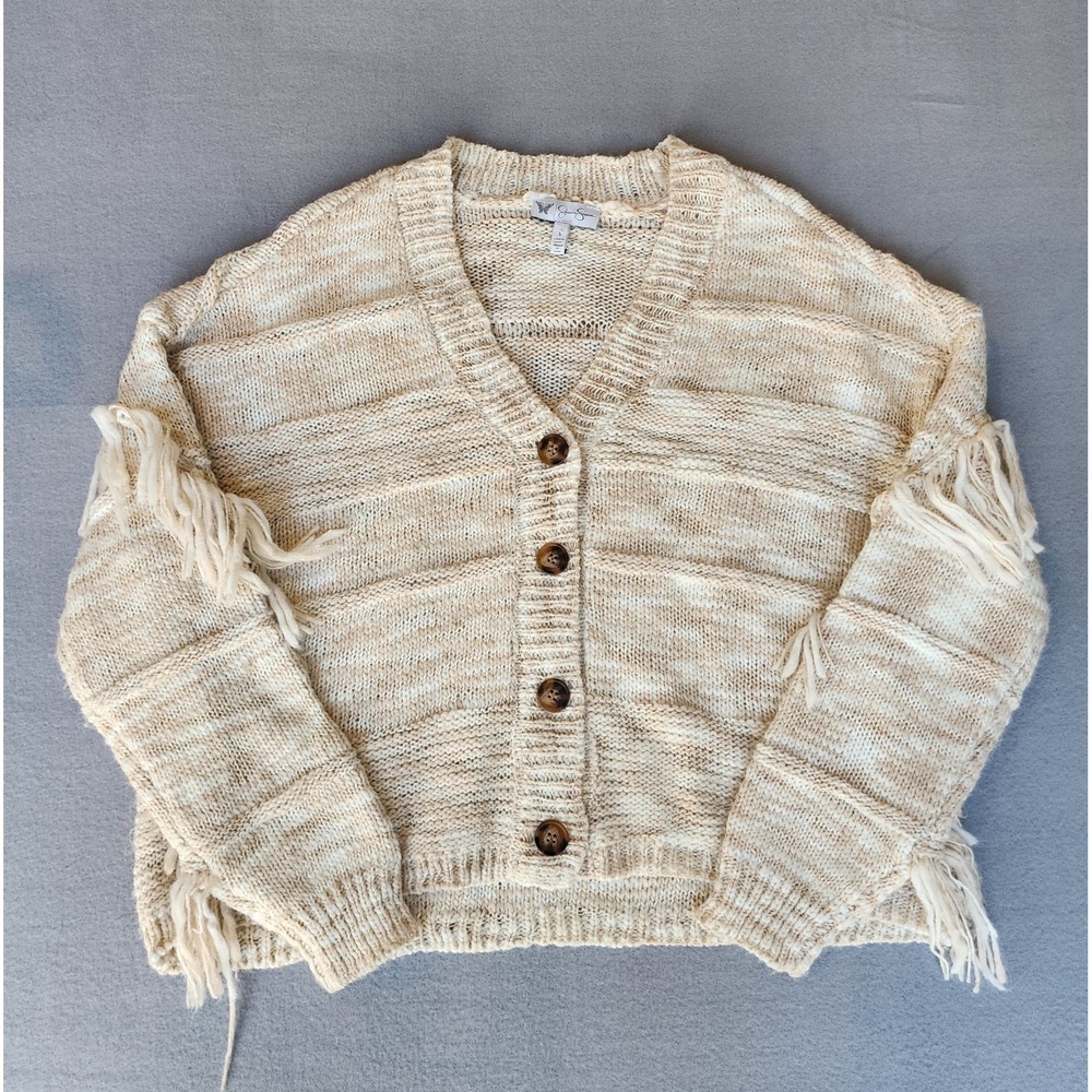 Jessica Simpson Women's Fringe Cardigan Sweater Large Cream Open Knit Boho...
